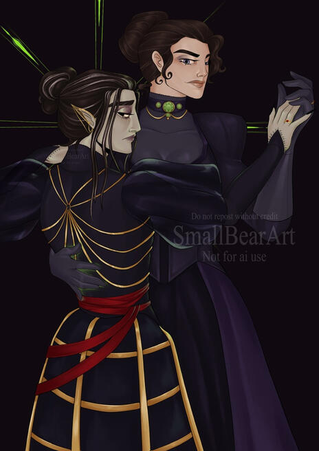 Laudna and Delilah Briarwood (Critical Role) as a JC Leyendecker painting.